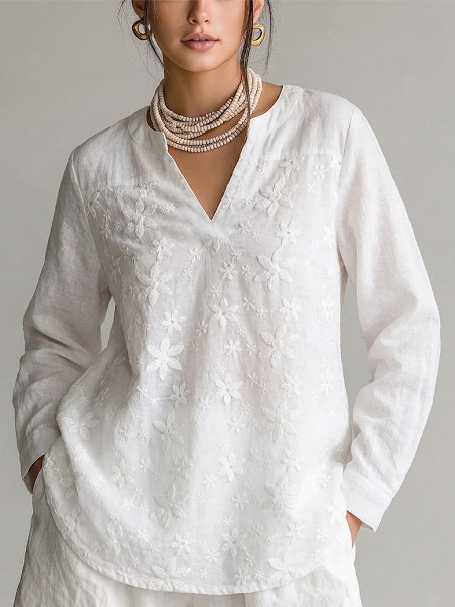 Loose-fit Long-sleeve Cotton Shirt With Lace Embroidery
