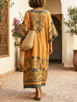 Women's Floral Art Print Casual Stylish V-collar Short Sleeve Cotton Linen Maxi Dress