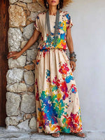 Women's Cotton-linen Set: Abstract Placement-print Crew-neck Short-sleeve Loose Casual Top & High-waisted A-line Skirt