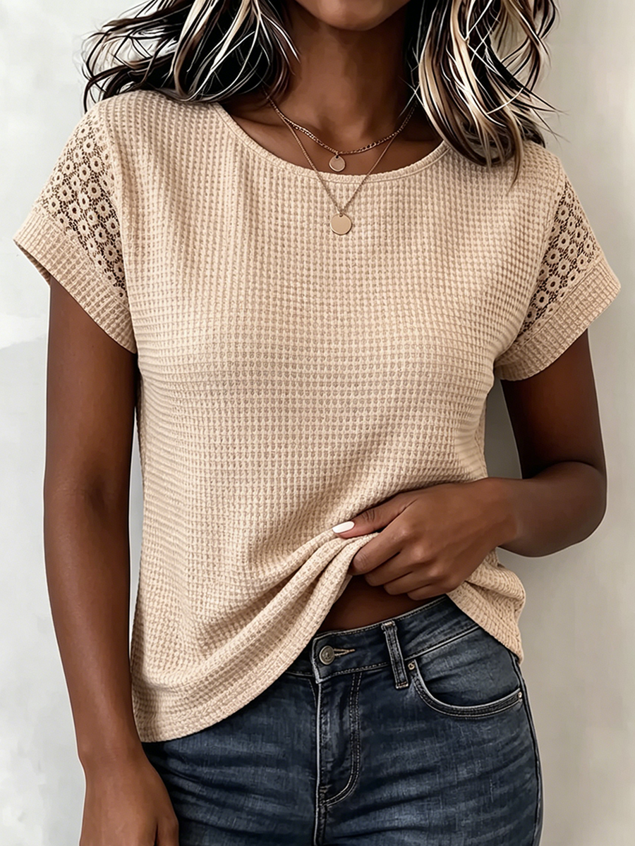 Cozy Waffle Knit Lace Patchwork Top