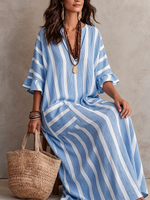 Cozy Striped Cotton-linen Maxi Dress With Pockets