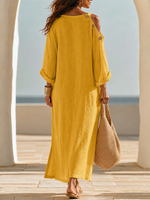 Relaxed-texture Linen Dress Featuring A One-shoulder Cutout, Rolled Sleeves, A Button-front Placket, And A Side Slit