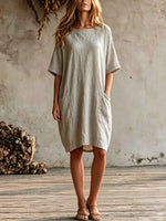 Women's Art Casual Pockets Short Sleeve Cotton Linen Midi Dress