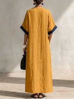 Color-block Patch Pocket, Stand-collar, Side-slit V-neck, Cuffed Short-sleeve, Long Cotton-linen Blend Vacation Dress