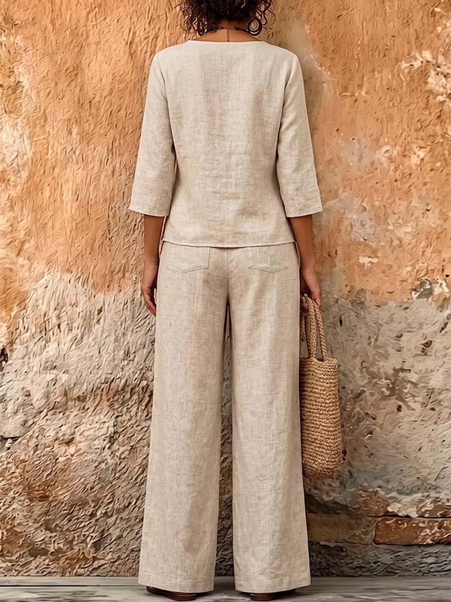 Women's Solid-color Cotton-linen Set: Casual Loose V-neck 3/4-sleeve Top And High-waisted Wide-leg Pants