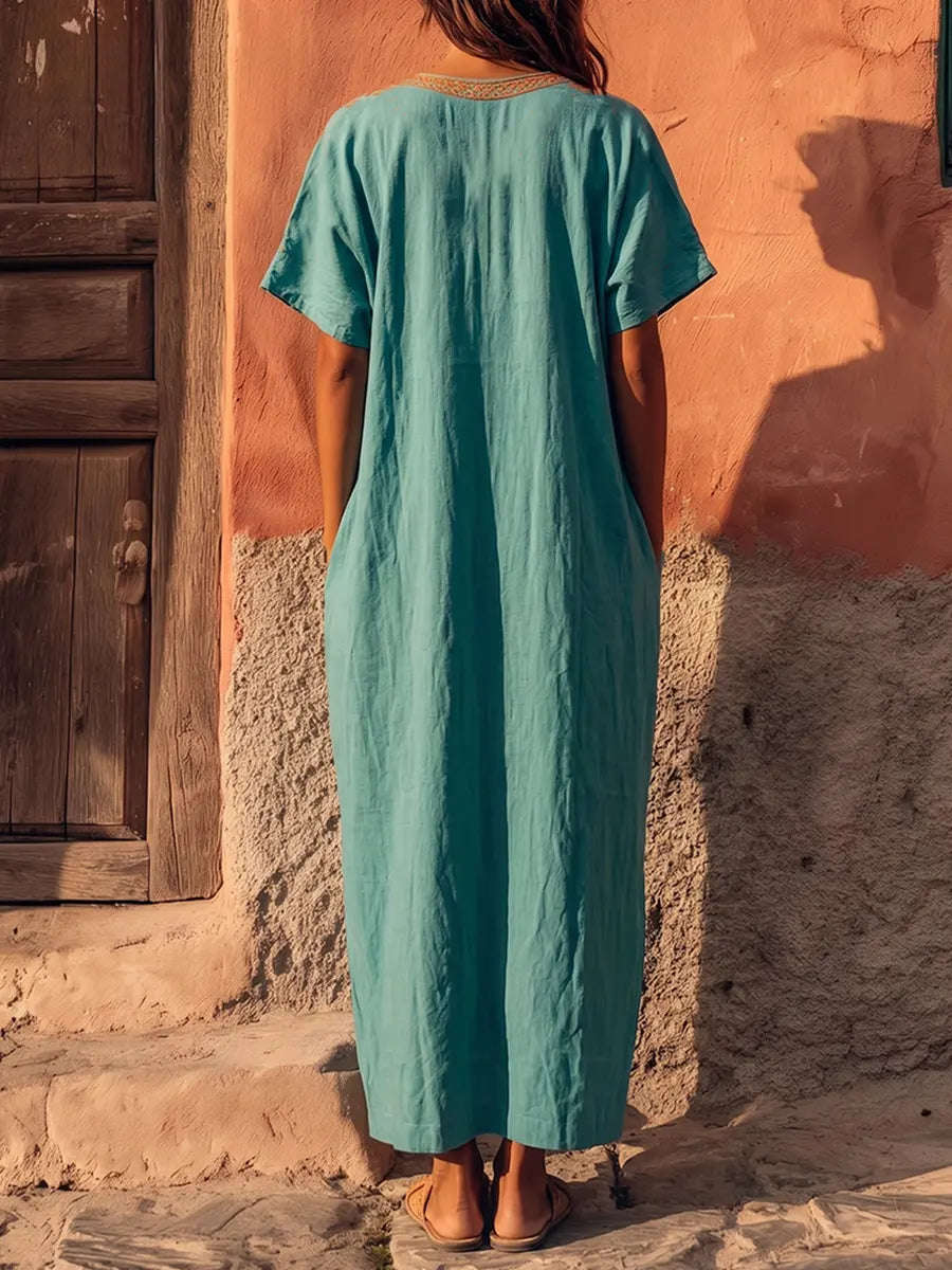 Vibrant Embroidered V-neck Kaftan Maxi Dress