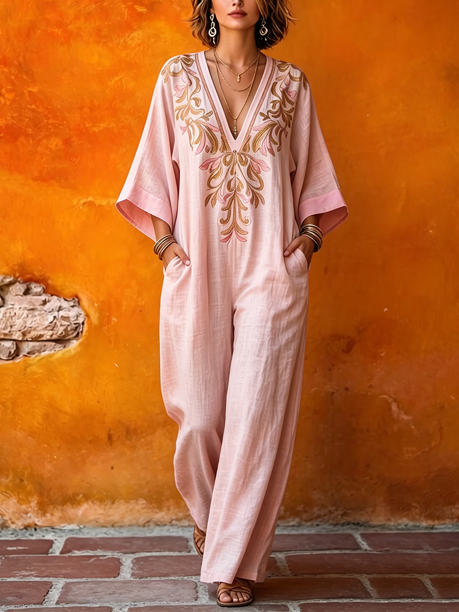 Bohemian V-neck Floral Cotton-linen Jumpsuit