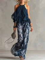 Women's Casual Stylish Sleeveless Top And Print Pants Two-piece Set
