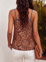 Women's Leopard Print V-neck Sleeveless Casual Loose Denim-paneled Top