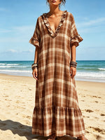 Women's Plaid Pattern Art Ruffled Casual Stylish Cotton Linen Maxi Dress