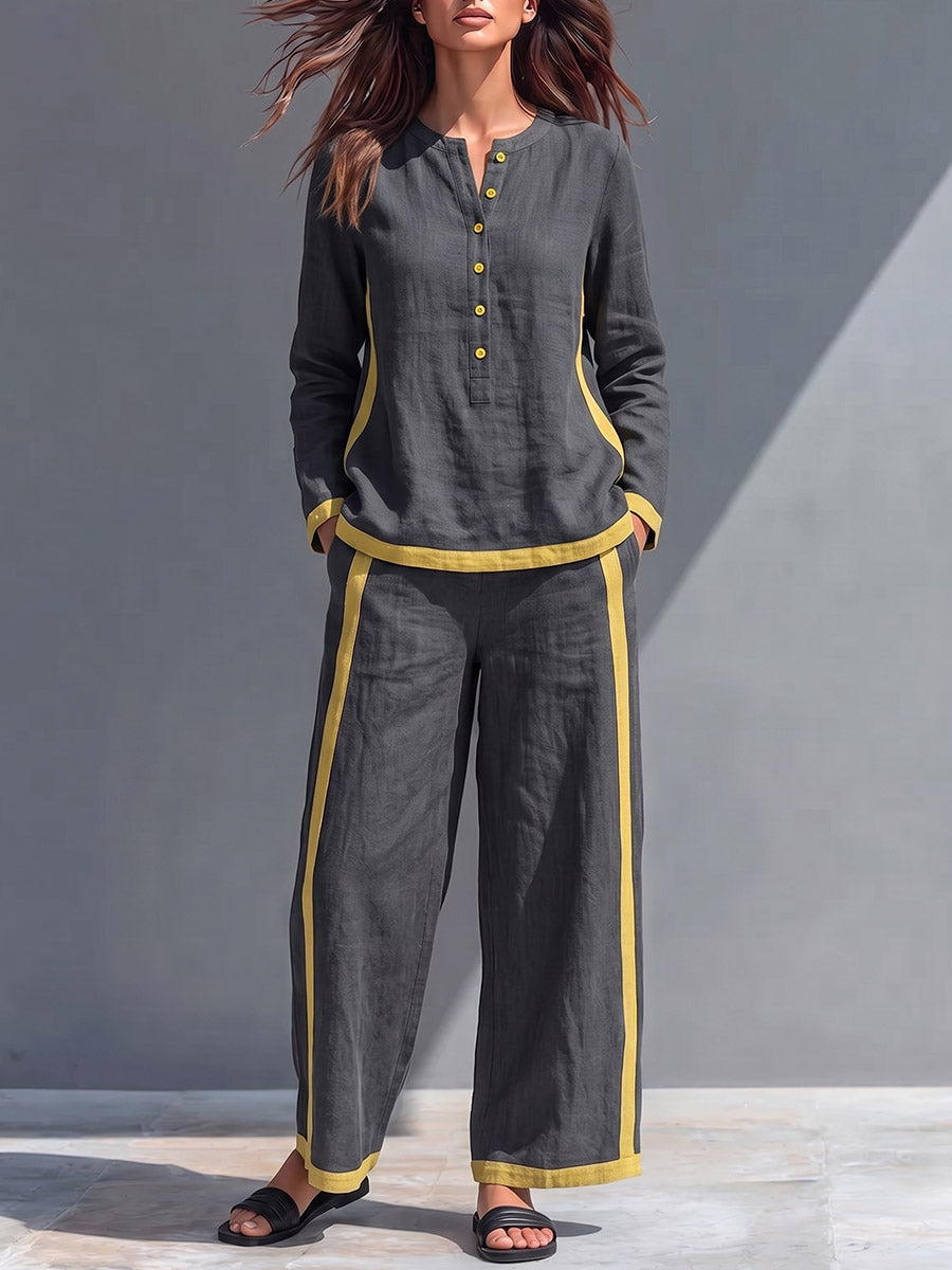 Women's Casual Loose Cotton-linen Set: Long-sleeve Crew-neck Top And High-waisted Wide-leg Pants