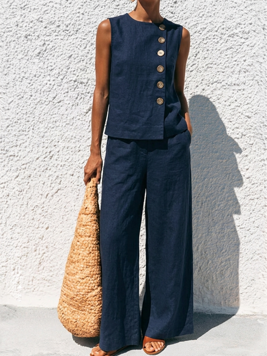 Two-piece Set: Sleeveless Cotton-linen Top With Round Neck And Side Button Detail + High-waisted Straight-leg Wide-leg Trousers