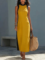 Casual Sleeveless Linen-blend Dress With Contrast Trim