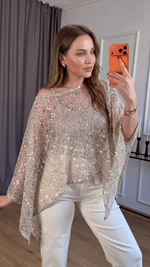 Women's Off-shoulder Irregular Hem Sequined Mesh Party Top