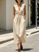 Women's Elegant Knot Stylish Art Casual V-Collar Sleeveless Linen Dress