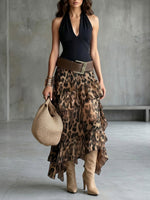 Two-piece Set Featuring A Stylish Cotton Halter-neck Sleeveless Top And A Leopard-print Ruffled Chiffon Skirt.