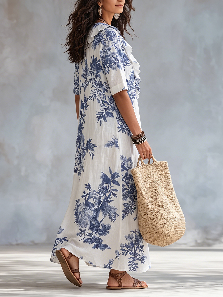 Romantic Ruffled Floral Cotton-linen Dress