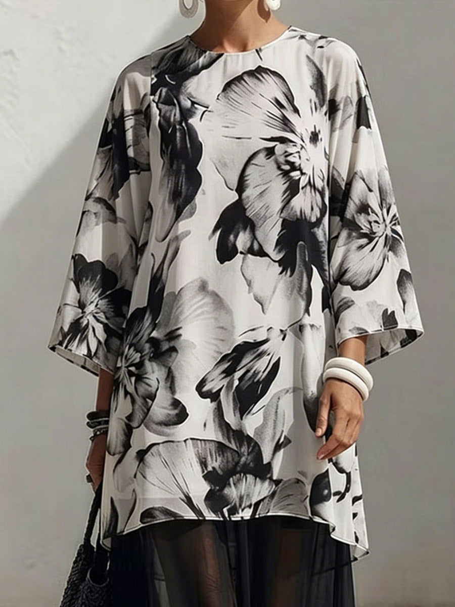 Women's Floral Art Print Casual Patchwork Stylish 3/4 Sleeve Maxi Dress