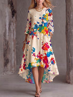 Women's Abstract Print Cotton-linen Dress – Casual Loose Fit, Crew Neck, 3/4 Sleeves