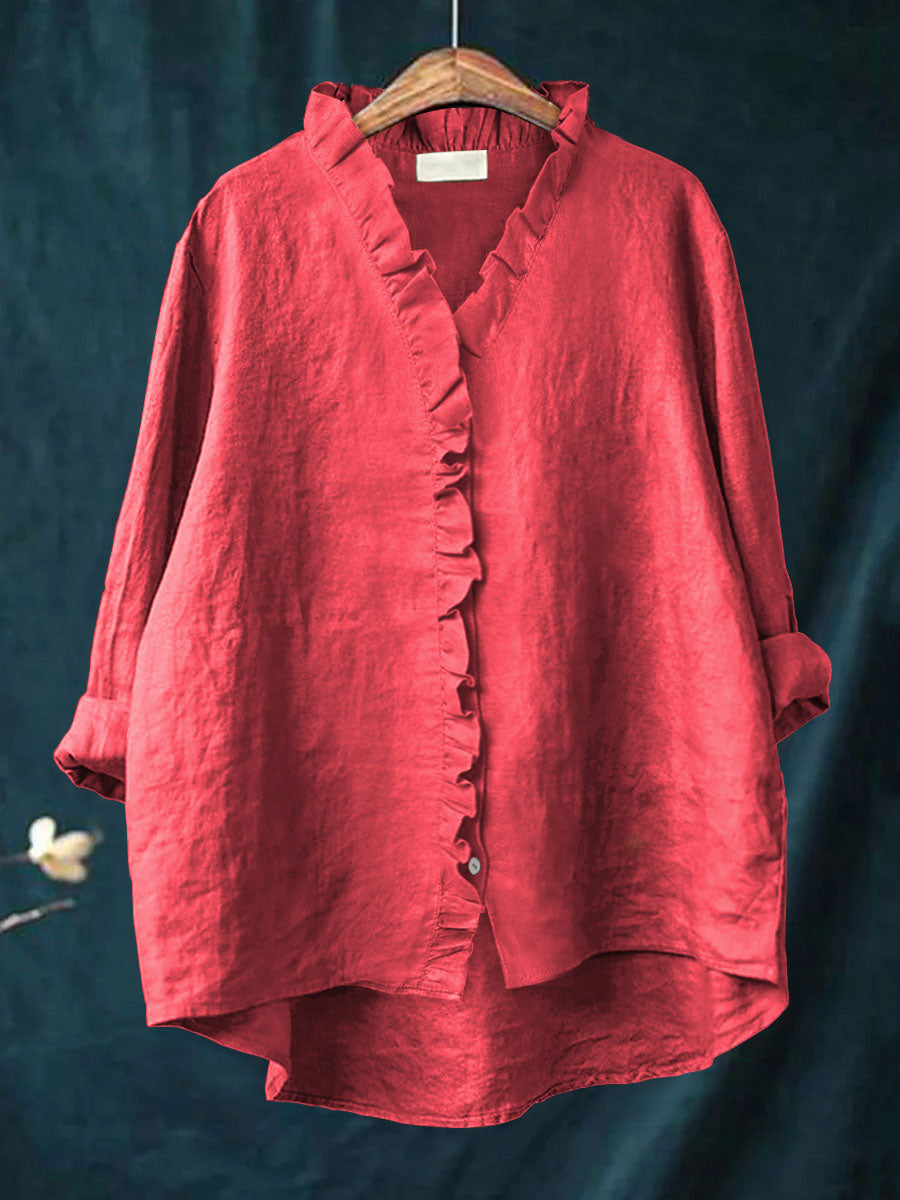 Women's Linen Blend Ruffle V-Neck Blouse