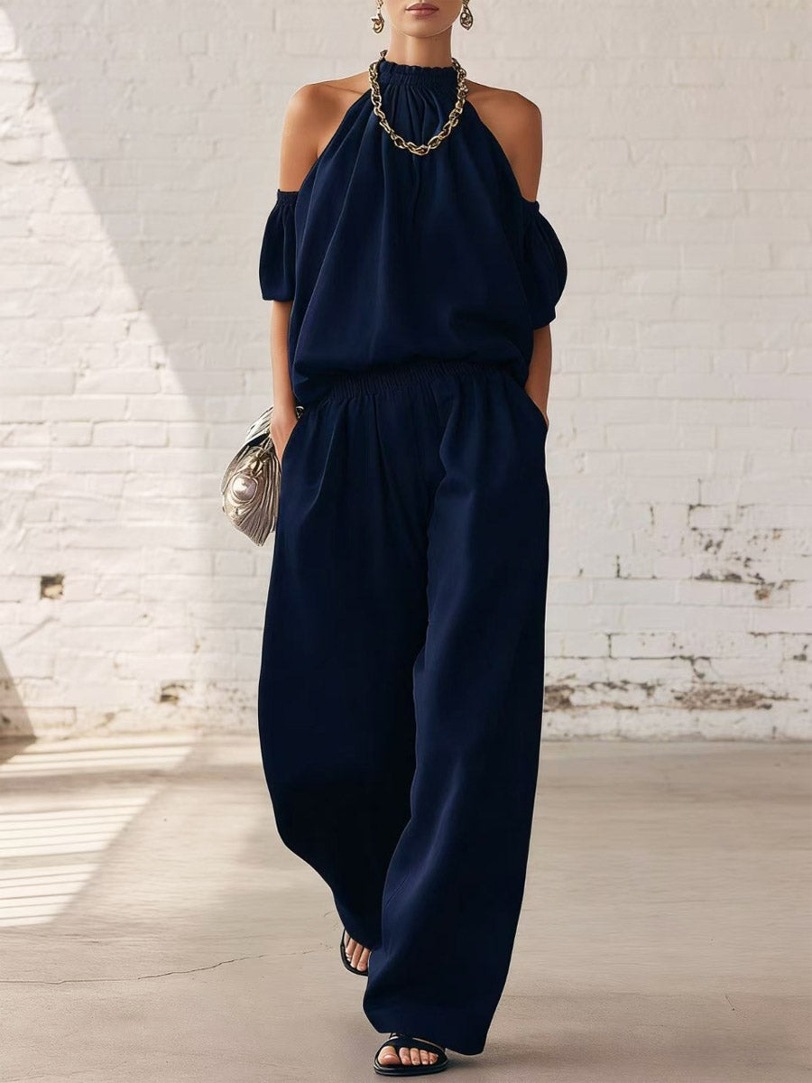 Women's Off-shoulder Halter Art Comfortable Casual Top And High-waisted Wide-leg Pants Cotton Linen Two-piece Set